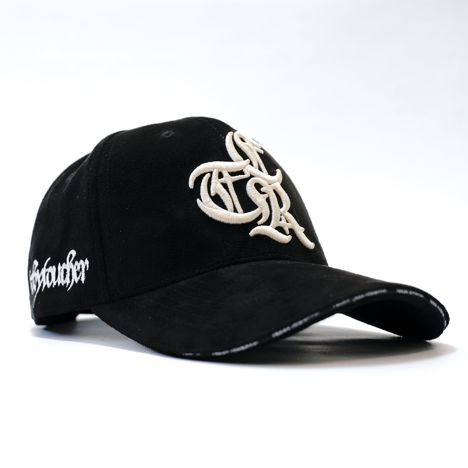 T.C.R LOGO FAUX SUEDE STRAP BACK CAP - BLACK