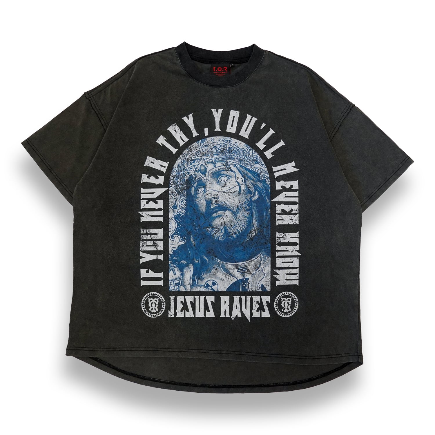 T.C.R JESUS RAVES  VINTAGE WASHED S/S TEE - BLACK