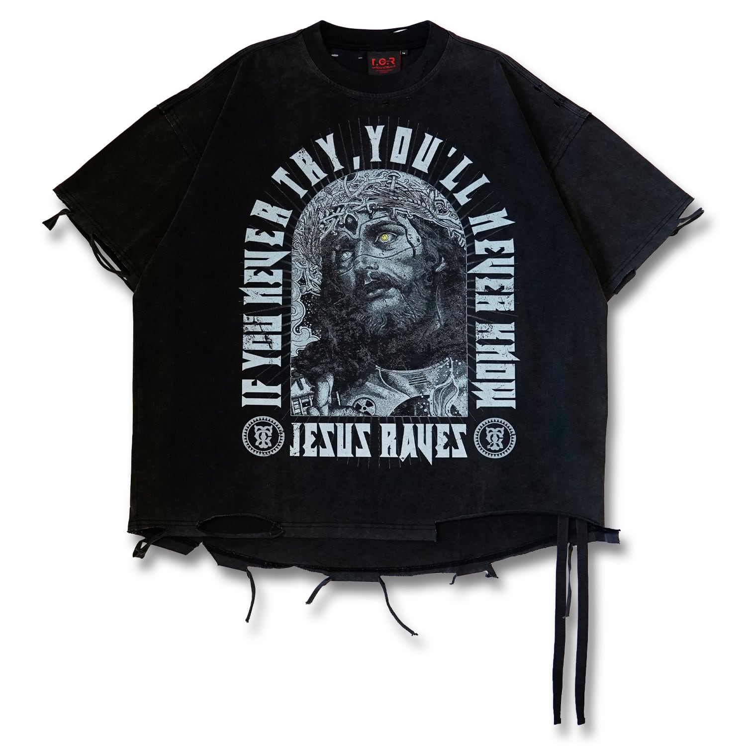 T.C.R JESUS RAVES  DISTRESSED S/S TEE - BLACK