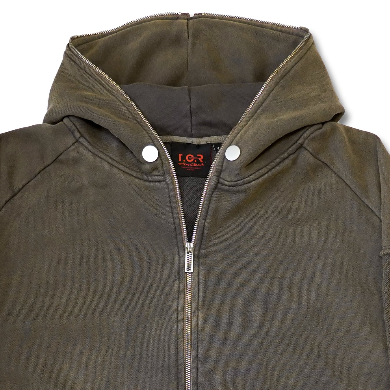 T.C.R DISTRESSED WASHED FULL-ZIP  BAGGY HOODIE - KHAKI