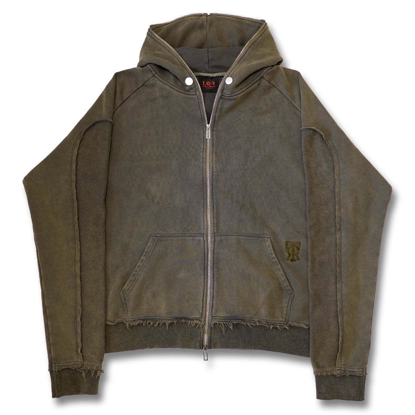 T.C.R DISTRESSED WASHED FULL-ZIP  BAGGY HOODIE - KHAKI