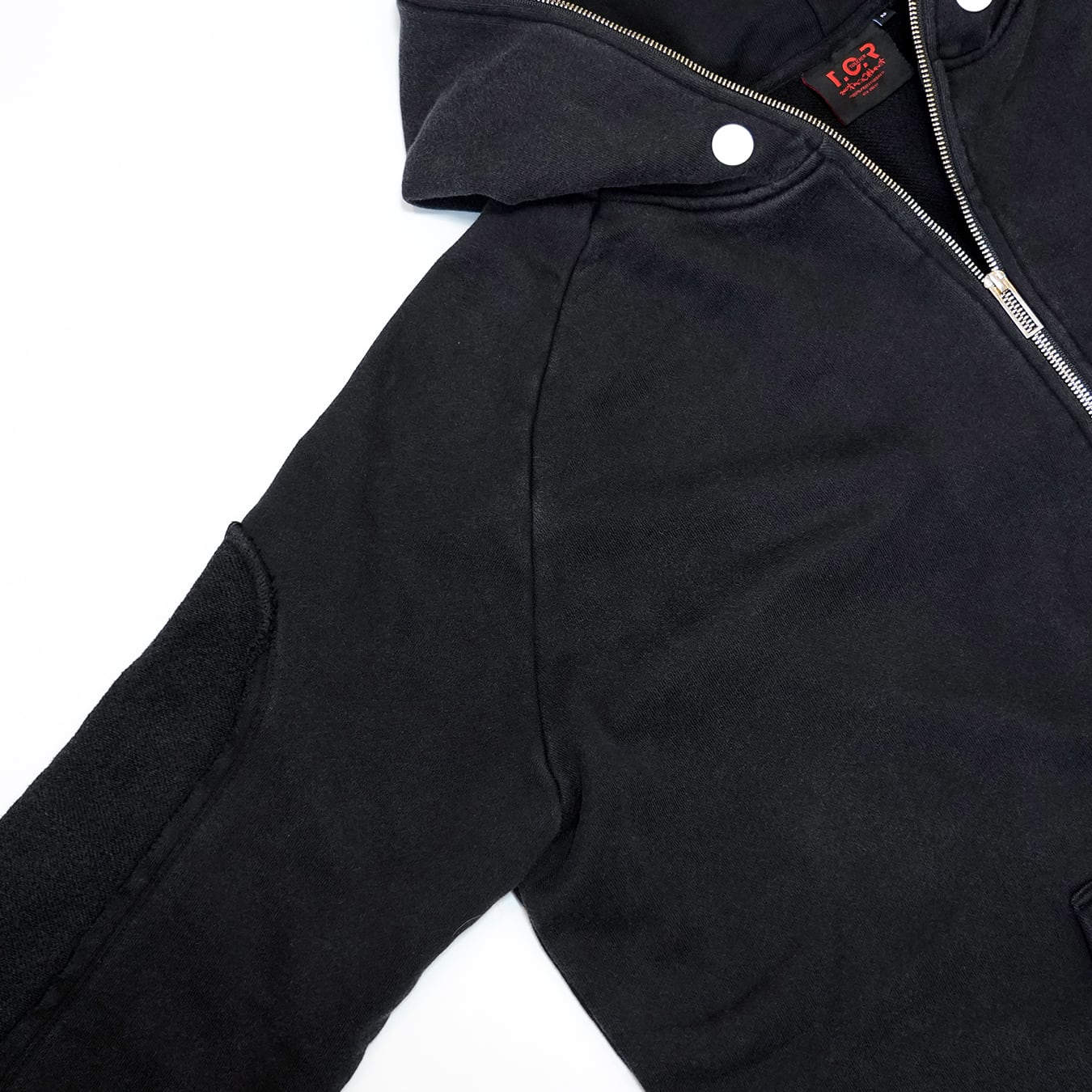 T.C.R DISTRESSED WASHED FULL-ZIP  BAGGY HOODIE - BLACK